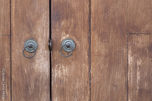 the part of wooden door with metal handle