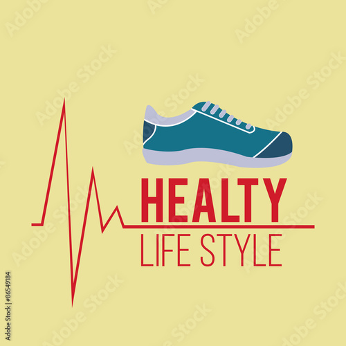 healthy lifestyle and tennis shoes over yellow color background