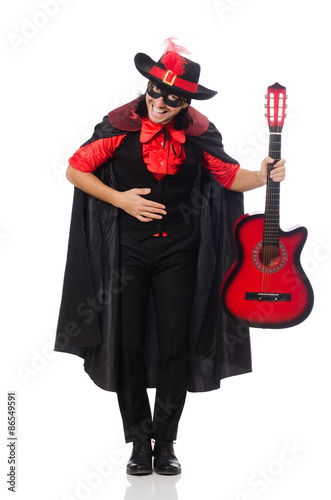 Young man in carnival coat with guitar isolated on white
