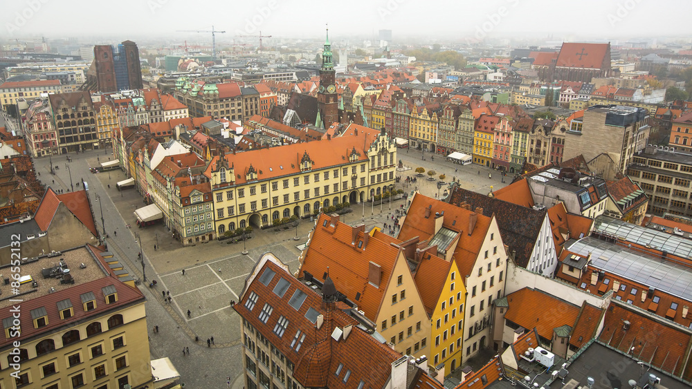 Fototapeta premium Top view of center Wroclaw old town, Poland.