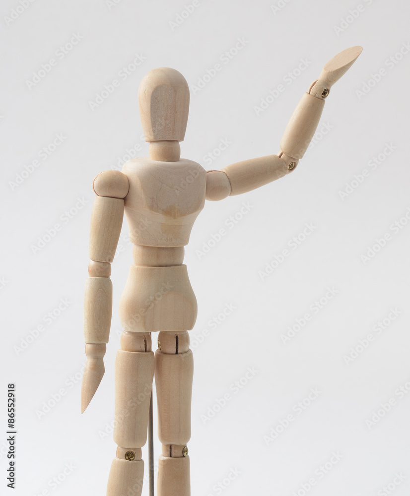 wood mannequin, demo human model posed raising hand as presenting message wood mannequin, demo human model posed raising hand as presenting message