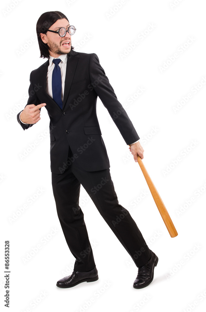 Young elegant man in black suit holding bat isolated on white Young elegant man in black suit holding bat isolated on white