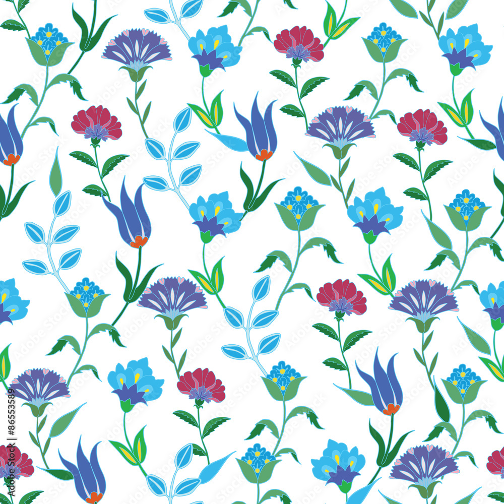 Fototapeta premium Vector Colorful Spring Turkish Flowers Seamless Pattern