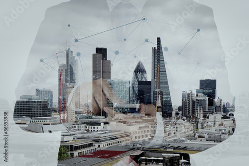 Photography Double exposure of success businessman using smart phone and soc