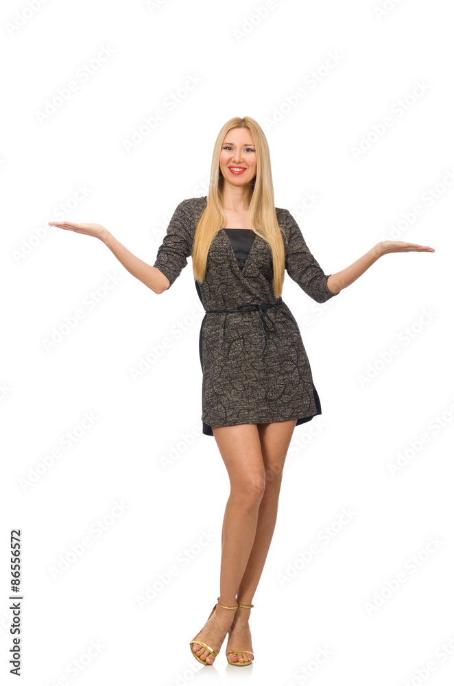 Woman in gray dress isolated on white Woman in gray dress isolated on white