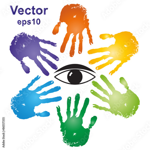 Conceptual human hand print with an eye symbol