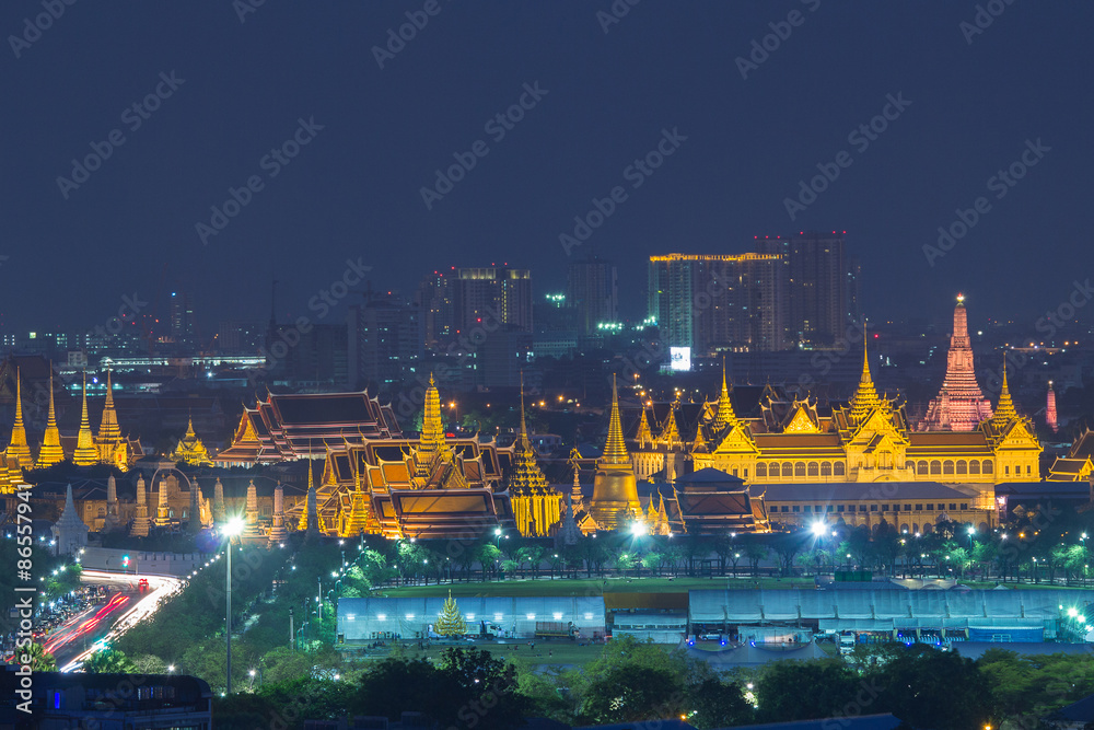 Grand Palace with the park at dusk (Wat Phra Kaew, Bangkok, Thailand)