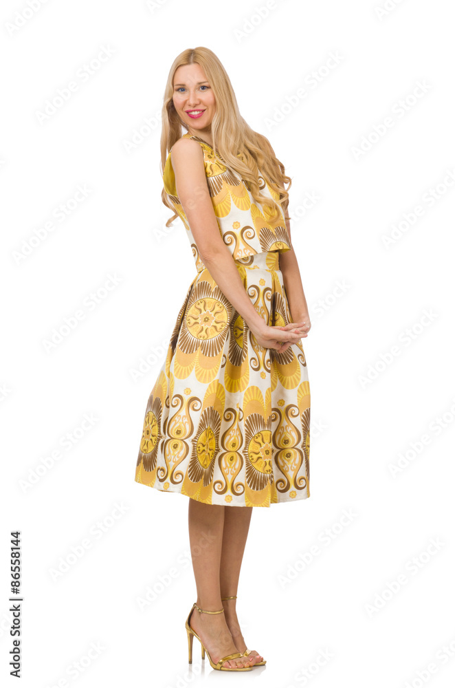 Pretty girl in yellow floral dress isolated on white