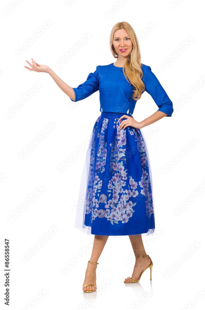 Woman in blue dress with flower prints isolated on white Woman in blue dress with flower prints isolated on white