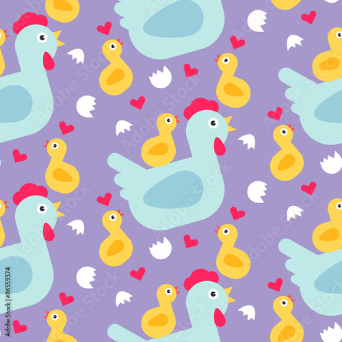 Hen and lovely chickens seamless pattern