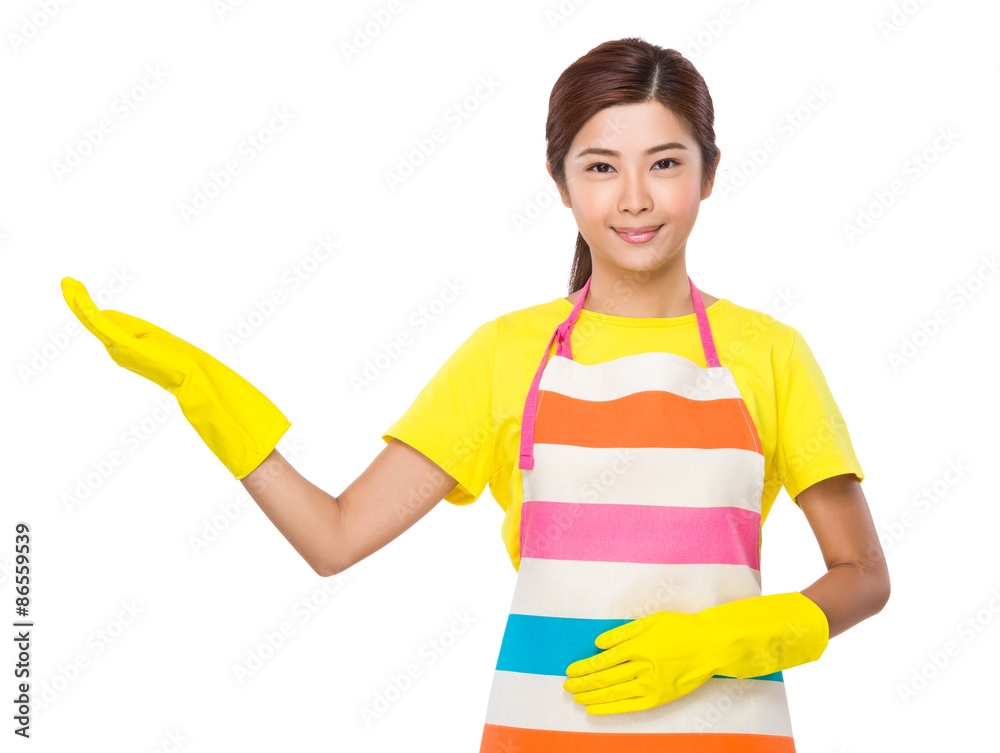 Young housewife with open hand palm with rubber gloves Young housewife with open hand palm with rubber gloves