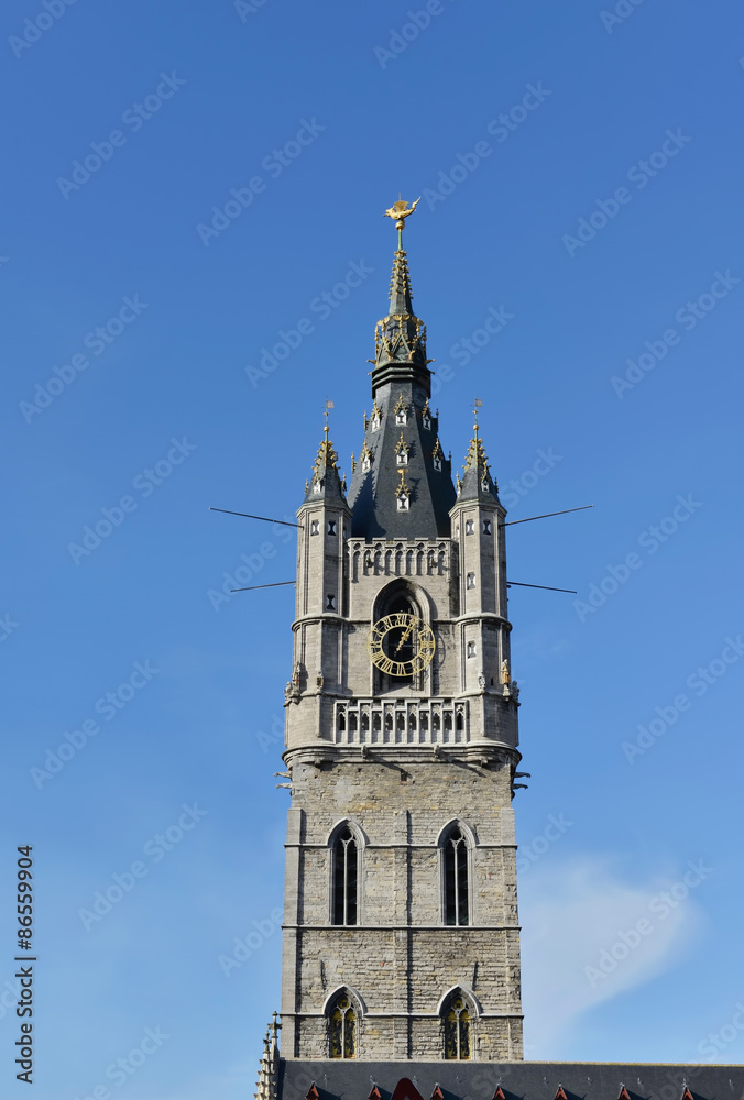Belfry of Ghent, Belgium in clear day. The tower was built in 1380