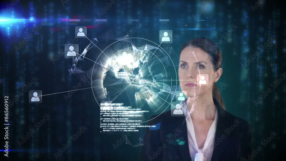 A businesswoman touching futuristic interface 