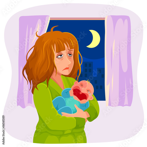 tired mother carrying a crying baby at night