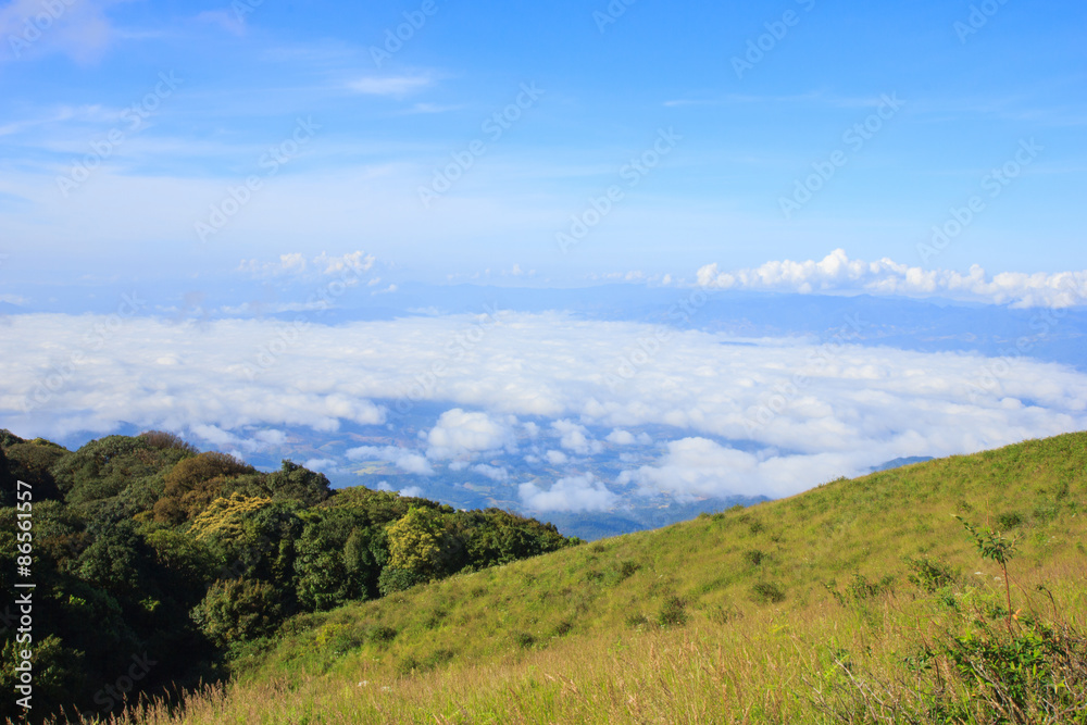 Wide meadow with clouds in blue sky in sunny day