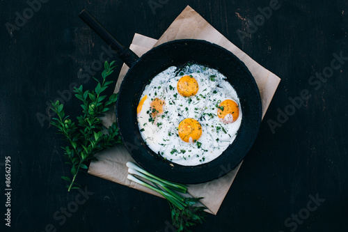 Fried eggs in cast iron frying pan
