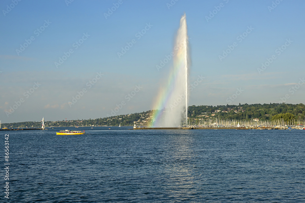 Jet d eau in Geneva with a rainbow Jet d eau in Geneva with a rainbow