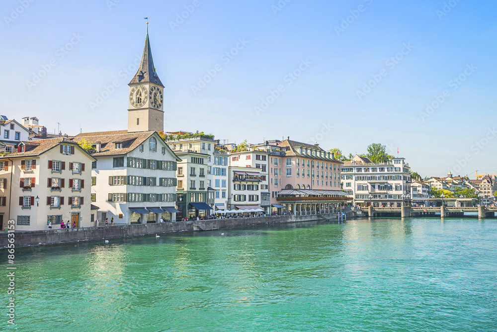 Zurich city center and quay of Limmat in summertime
