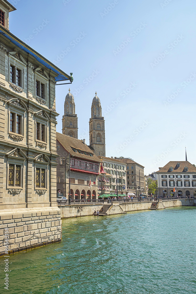 Zurich city center skyline and Limmat quay in summer, Switzerlan