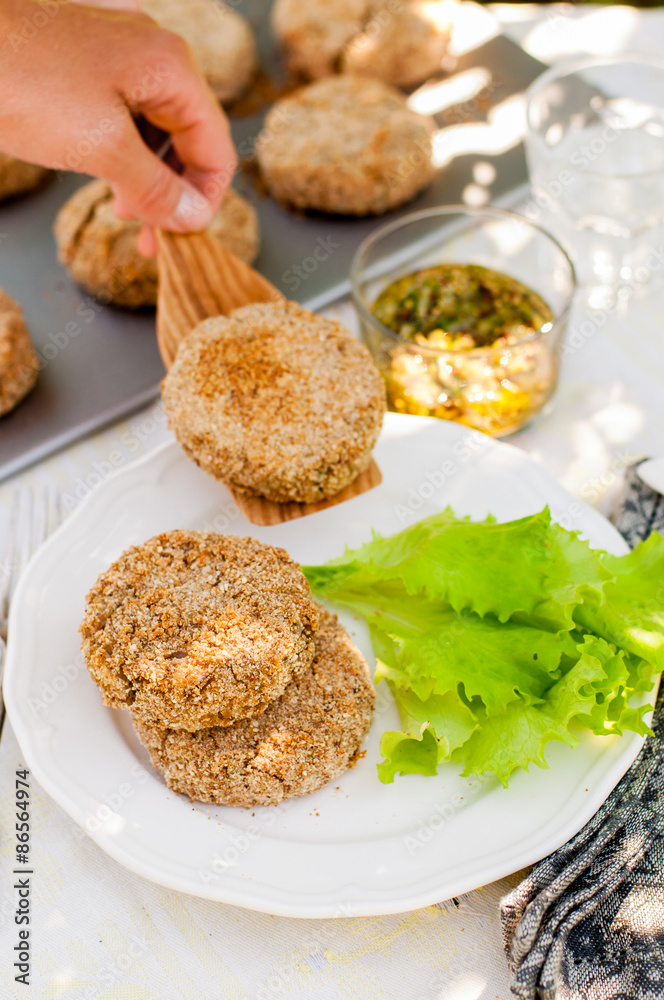 Potato and Pork Patties with Salad Leaves