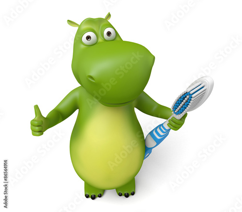 3d cartoon animal with a toothbrush. 3d image. Isolated white background.