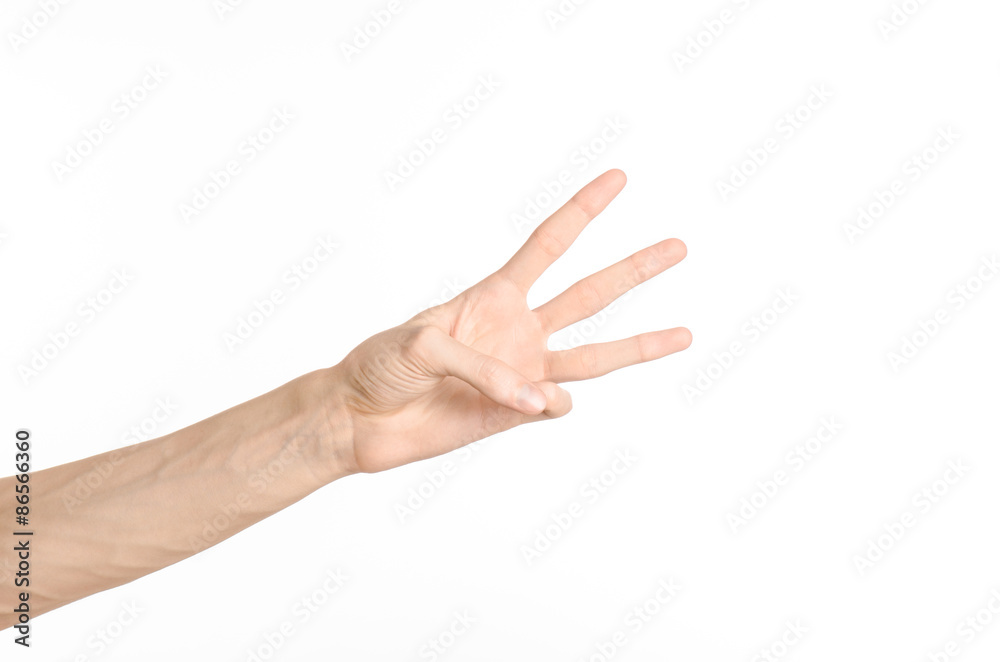 Hand gestures theme: the human hand shows gestures isolated on white background in studio Hand gestures theme: the human hand shows gestures isolated on white background in studio