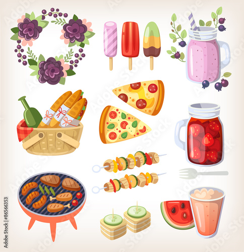 Colorful elements and food for recreation at hot summer day