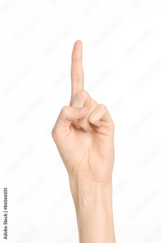 Hand gestures theme: the human hand shows gestures isolated on white background in studio Hand gestures theme: the human hand shows gestures isolated on white background in studio