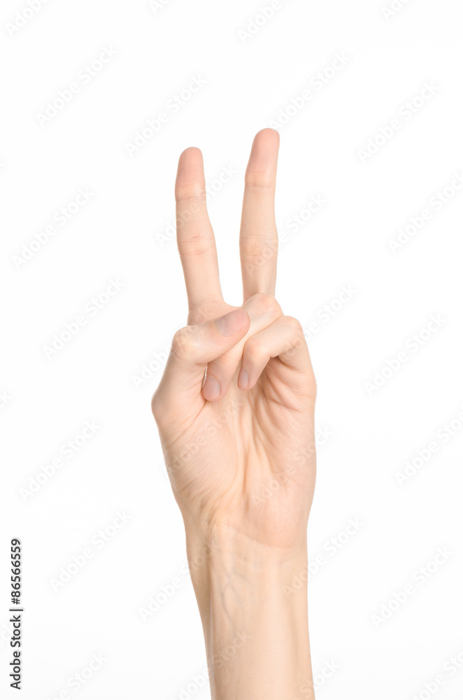 Hand gestures theme: the human hand shows gestures isolated on white background in studio Hand gestures theme: the human hand shows gestures isolated on white background in studio