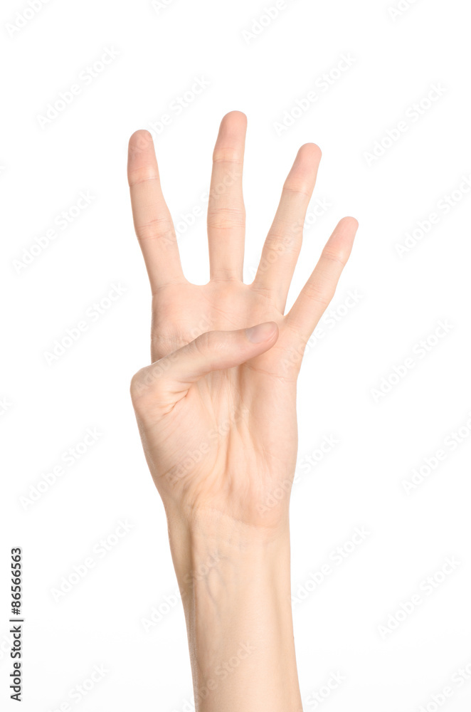 Hand gestures theme: the human hand shows gestures isolated on white background in studio Hand gestures theme: the human hand shows gestures isolated on white background in studio