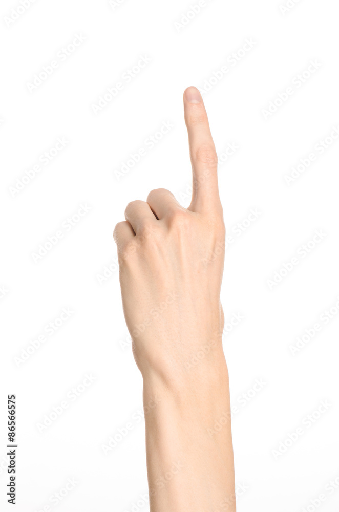 Hand gestures theme: the human hand shows gestures isolated on white background in studio Hand gestures theme: the human hand shows gestures isolated on white background in studio