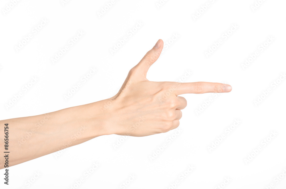 Hand gestures theme: the human hand shows gestures isolated on white background in studio Hand gestures theme: the human hand shows gestures isolated on white background in studio