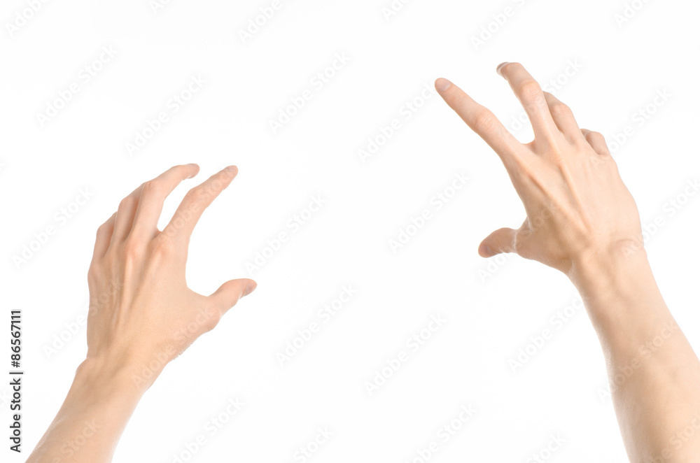 Gestures topic: human hand gestures showing first-person view isolated on white background in studio