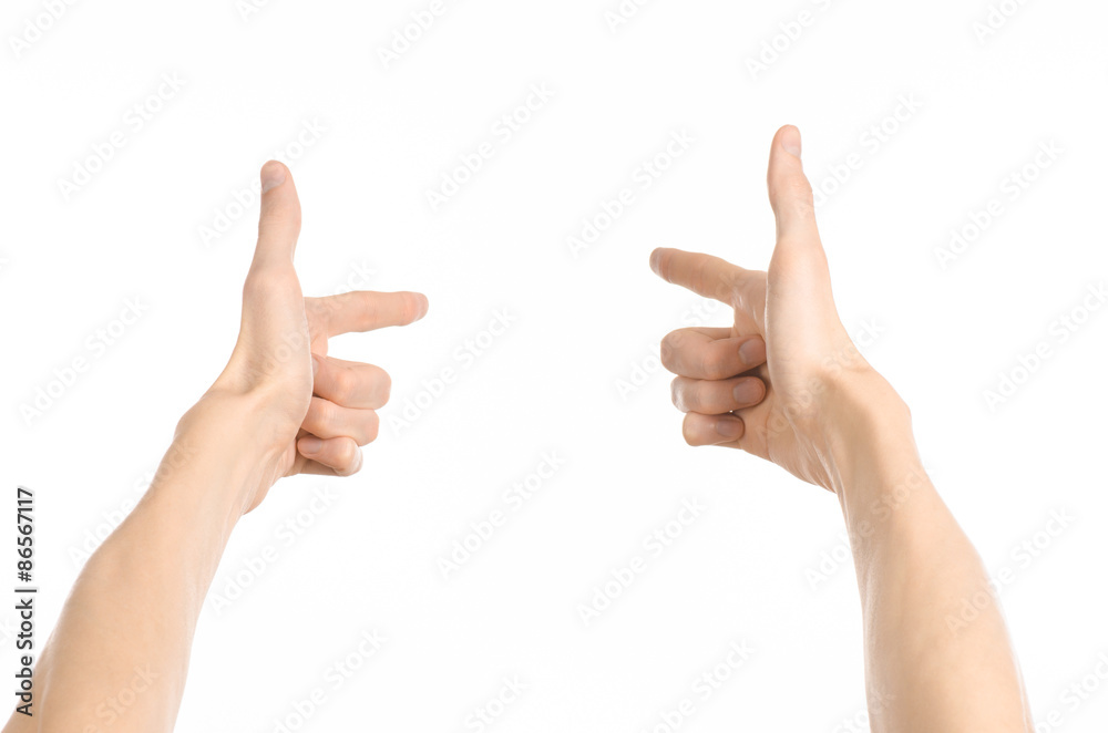Gestures topic: human hand gestures showing first-person view isolated on white background in studio Gestures topic: human hand gestures showing first-person view isolated on white background in studio