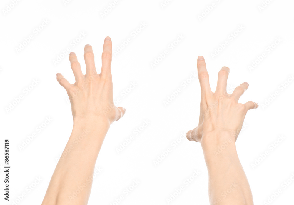 Gestures topic: human hand gestures showing first-person view isolated on white background in studio Gestures topic: human hand gestures showing first-person view isolated on white background in studio