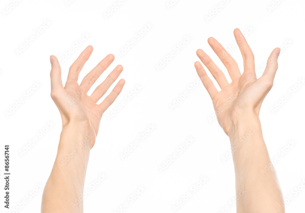 Gestures topic: human hand gestures showing first-person view isolated on white background in studio Gestures topic: human hand gestures showing first-person view isolated on white background in studio