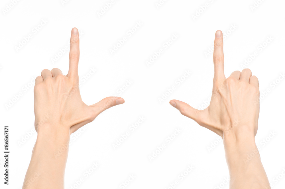 Gestures topic: human hand gestures showing first-person view isolated on white background in studio Gestures topic: human hand gestures showing first-person view isolated on white background in studio