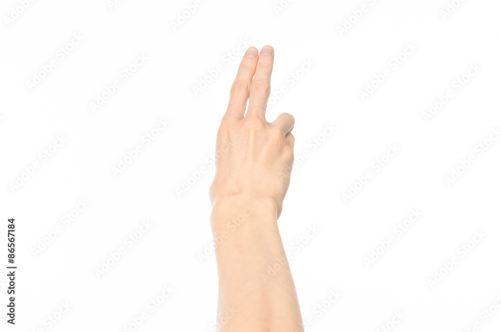 Gestures topic: human hand gestures showing first-person view isolated on white background in studio Gestures topic: human hand gestures showing first-person view isolated on white background in studio