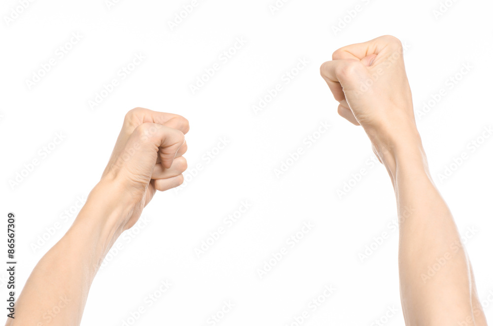 Gestures topic: human hand gestures showing first-person view isolated on white background in studio