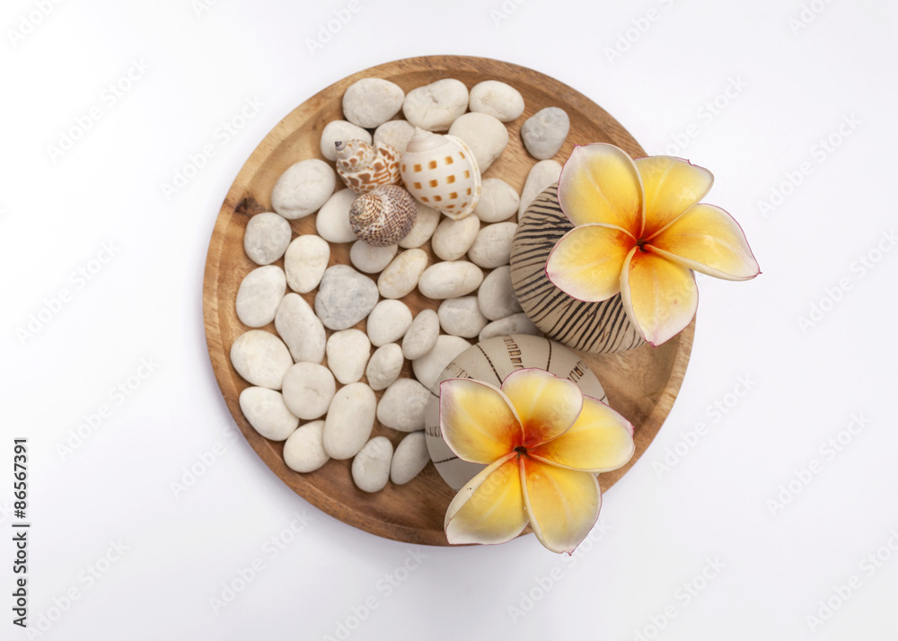 Flower vase on wooden tray with white stone on white background Flower vase on wooden tray with white stone on white background