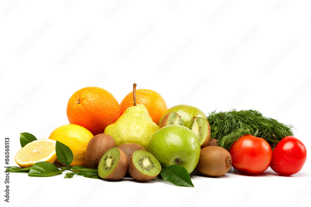 Fresh fruits and vegetables on a white background. Fresh fruits and vegetables on a white background.