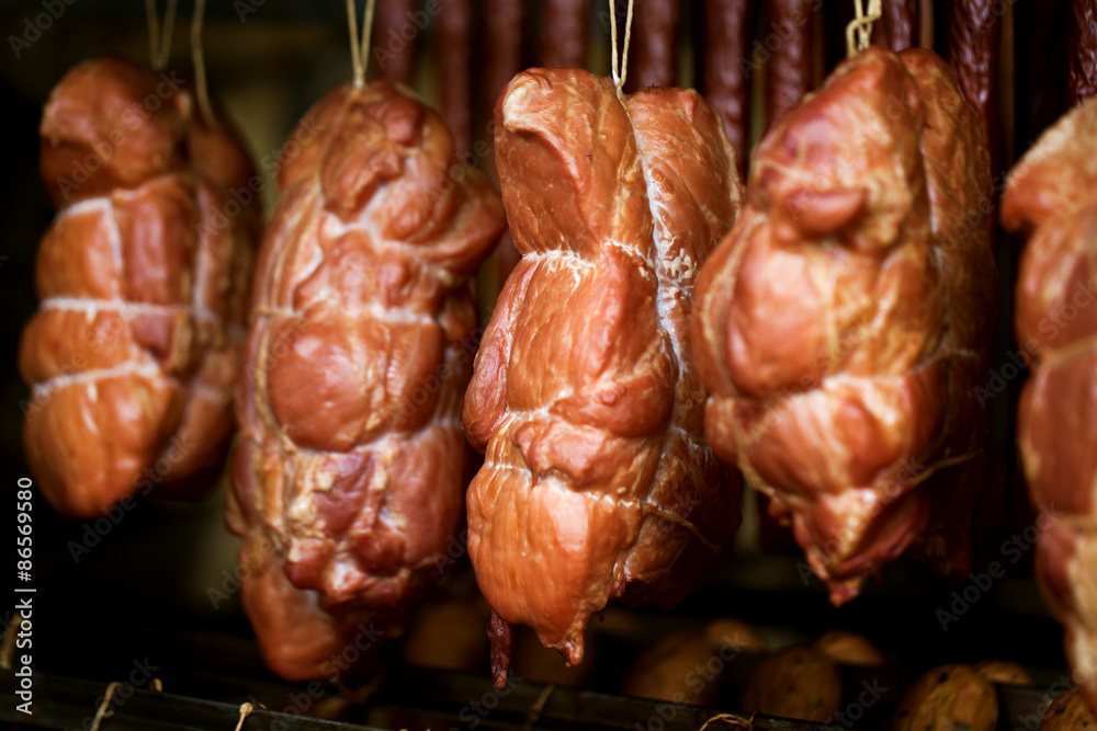 Smoked ham on a chopping board.
