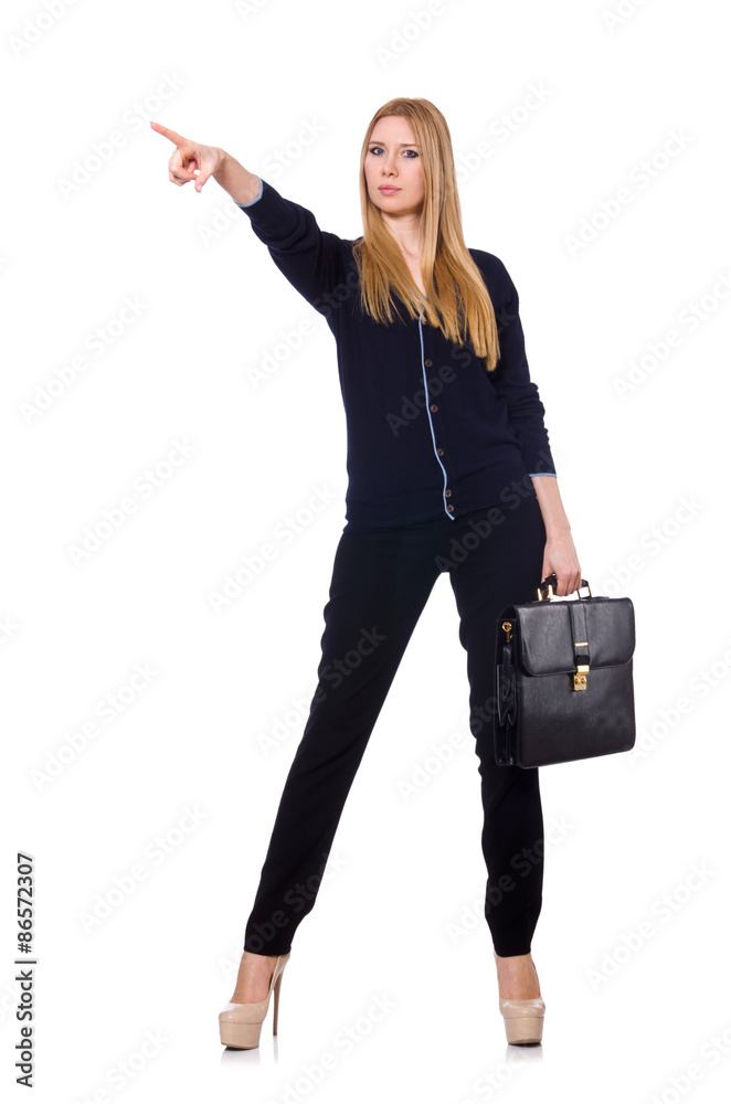 Tall young woman in black clothing with handbag isolated on Tall young woman in black clothing with handbag isolated on