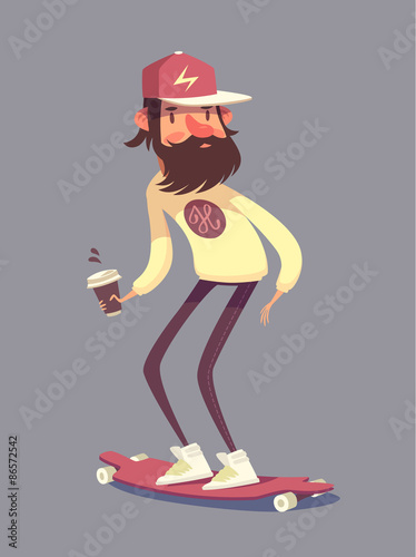 Hipster character on longboard. Isolated vector illustration.