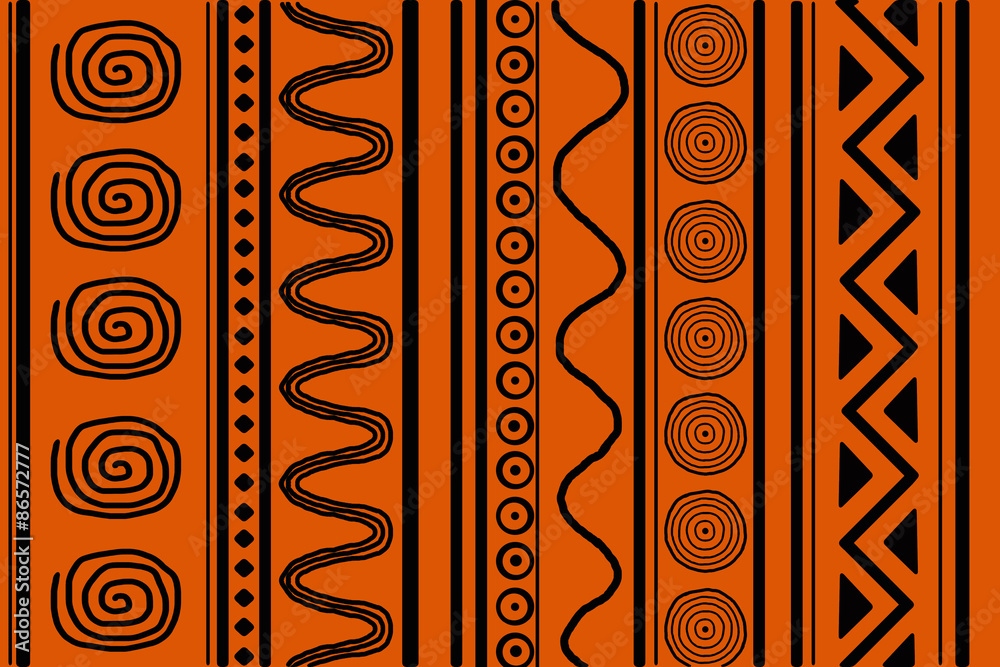 black ethnic patterns on an orange background