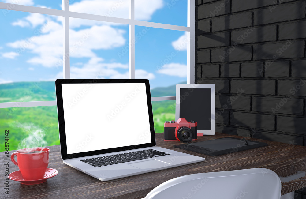 3D illustration laptopand work stuff on table near brick wall 3D illustration laptopand work stuff on table near brick wall