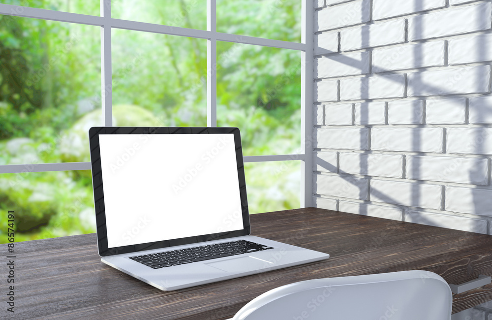 3D illustration laptopand work stuff on table near brick wall 3D illustration laptopand work stuff on table near brick wall