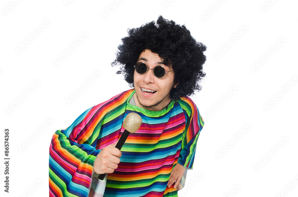 Funny mexican wearing poncho with maracas isolated on white Funny mexican wearing poncho with maracas isolated on white