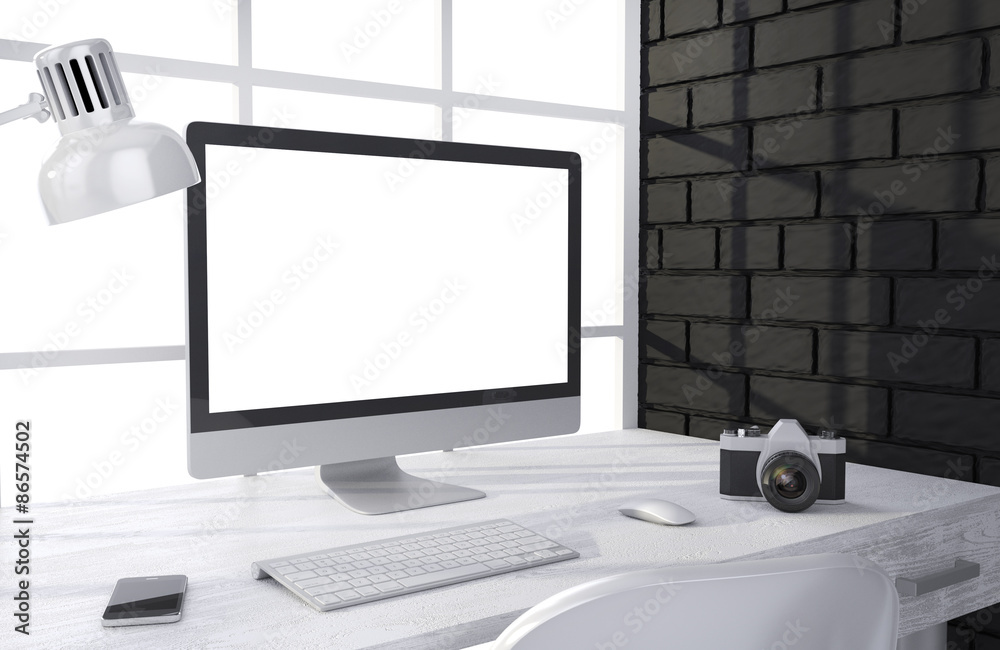 Fototapeta premium 3D illustration PC screen on table in office, Workspace