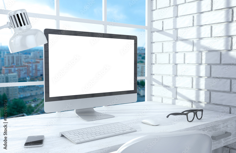 3D illustration PC screen on table in office, Workspace 3D illustration PC screen on table in office, Workspace